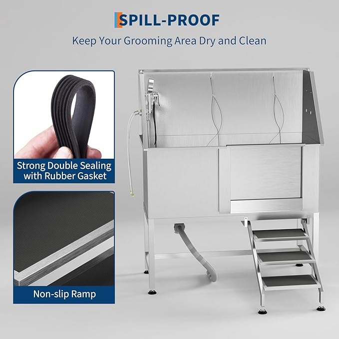 50" Stainless Steel Professional Dog Washing Station - Pet Bathing Tub w/Non-Slip Stairs | Slip-Resistant Floor Grate | for Large/Medium/Small Dogs-PurrikoPets