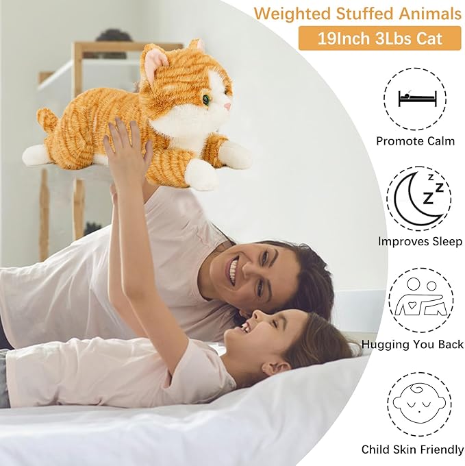 19 inch 3 lbs Cat Weighted Stuffed Animals, Realistic Weighted Cat Stuffed Animal, Sensory Comfort Plush Throw Pillow, Soft Kawaii Kitty Plush Toy Gift for Adults Kids Youth-PurrikoPets