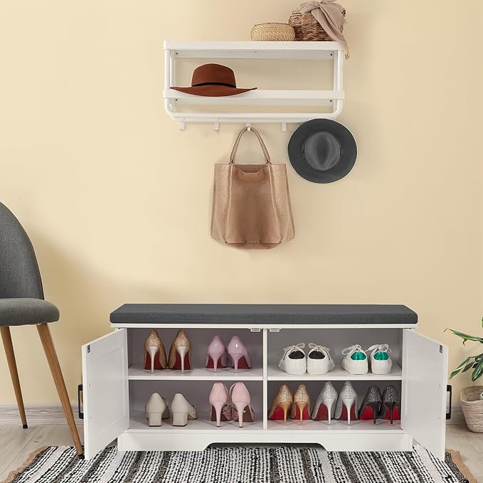 2-Tier Storage Bench, Shoe Bench with Padded Seat Cushion, Entryway Bench with 2 Barn Doors, Adjustable Shelf, 13.8" D x 39.4" W x 17.7" H, for Entryway, Living Room, Bedroom, White-PurrikoPets
