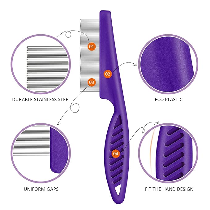 6 Pieces Pet Lice Combs Dog Grooming Flea Cat Tear Stain Comb for Removal Dandruff, Hair Stain, Nit(Pink, Green, Purple, Yellow)-PurrikoPets