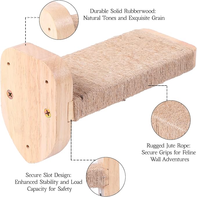 3pcs Cat Wall Steps, Climbing Mounted Furniture, Shelves With Hemp Rope Covered, Solid Wood Ladder for Playing and Climbing (Standard-Wood)-PurrikoPets