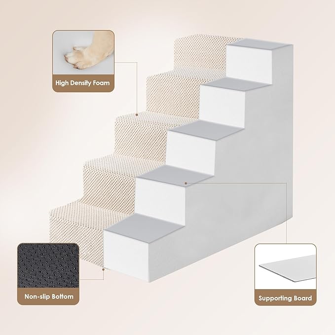 EHEYCIGA Dog Stairs for High Bed 22.5" H, 5-Step Dog Steps for Bed, Pet Steps for Small Dogs and Cats, Non-Slip Balanced Pet Ramp Indoor, Beige-PurrikoPets
