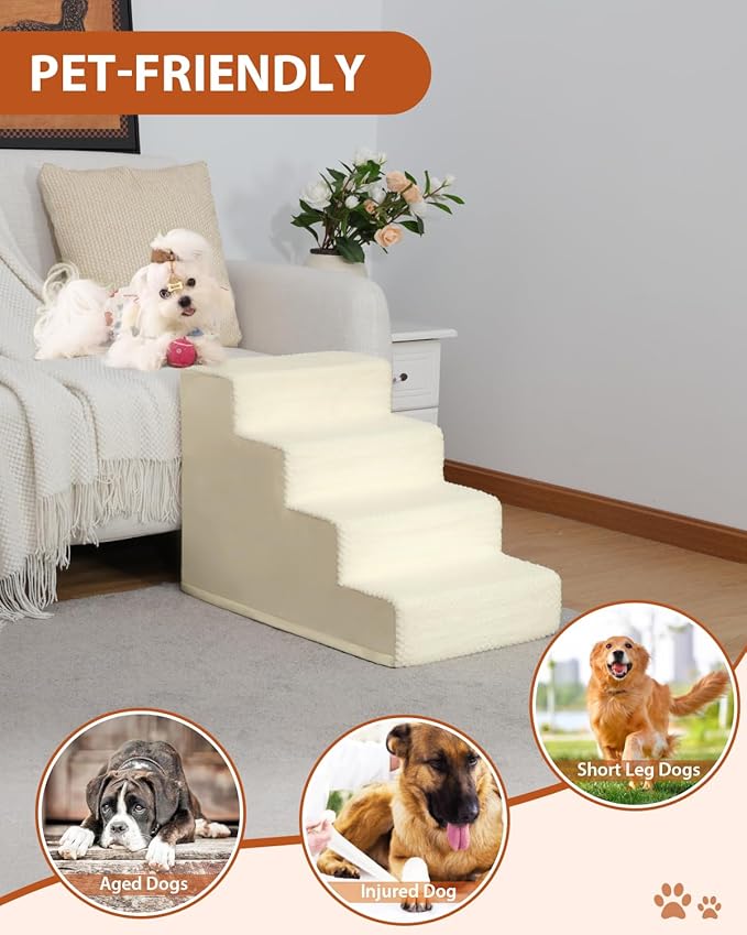 Dog Stairs for Small Dogs,13" H,3-Step Dog Steps for High Bed,Couch,Pet Stairs for Dogs and Cats Climbing with Non-Slip Bottom and Washable Cover,Beige-PurrikoPets