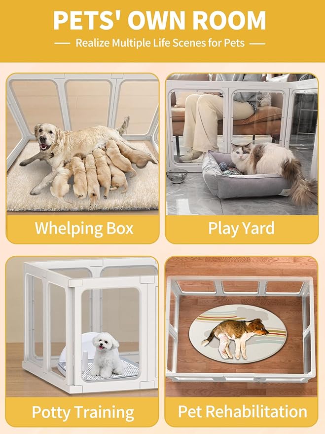 Dog Playpen, Clear Acrylic Plastic Puppy Playpen Indoor, Pet Pen for Puppy Cat Bunny, Transparent Easy Assemble Foldable Whelping Box for Dogs, Puppy Playpen with Gate (23.6" Height, 10PCS)-PurrikoPets