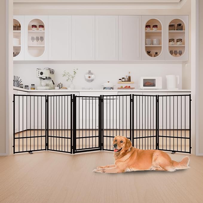 Full Metal Freestanding Dog Gate with Door, 36''Height Foldable Pet Dog Fence for Indoor & Outdoor, 6 Panels Extra Wide Free Standing TallDog Gates for Doorways,House,Stairs,Porch,Deck,Yard-PurrikoPets