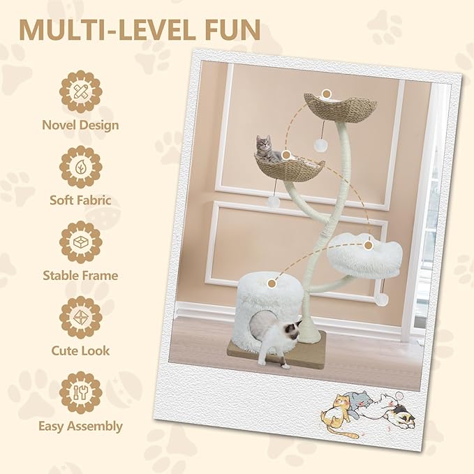63” Tall Cat Tree Tower for Indoor Cats, Multi-Level Large Cat Climbing Furniture with Scratching Posts, Soft Perch, Cozy Cave, and Hanging Toys, Sturdy Design for Multi-Cat Households-PurrikoPets