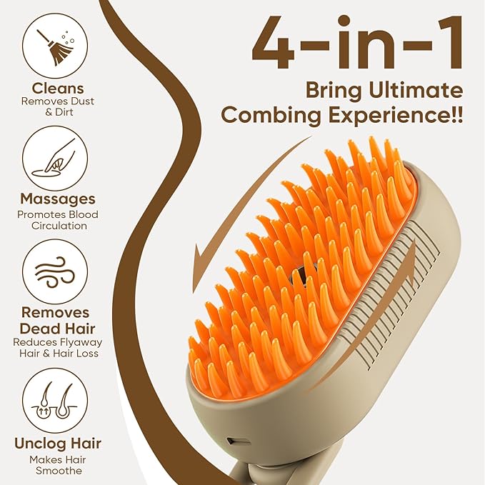 4-in-1 Cat Steam Brush for shedding–Self-Cleaning Comb for Long and Short Hair Cats and Dogs, Steam Pet Brush for Hair Removal, Vibrating Message, Grooming & Relaxation (Khaki)-PurrikoPets