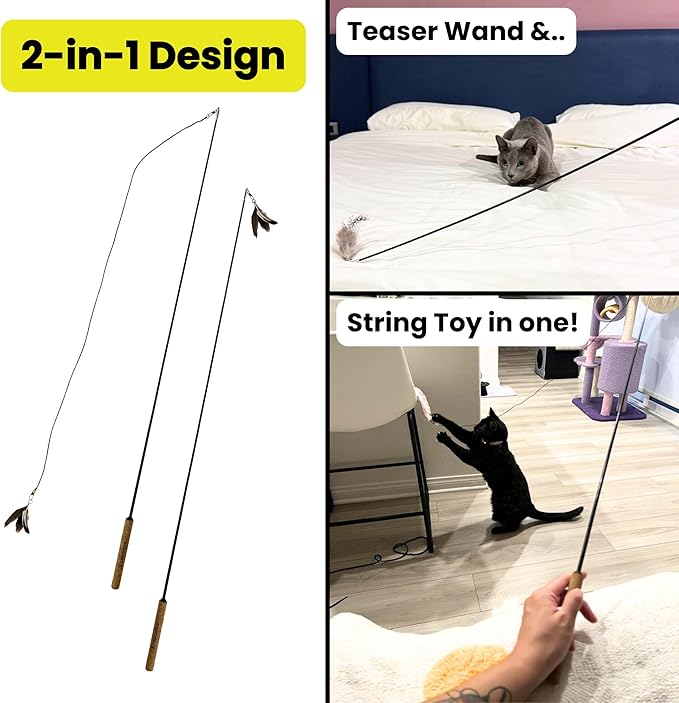 Forever Stick 2 Pack - The Unbreakable Cat Toy Wand, Extra Long Durable Interactive Cat Toy for Indoor Cats, Feather Kitten Toys for Bored Indoor Adult Cats, Bird Teaser Cat Accessories-PurrikoPets