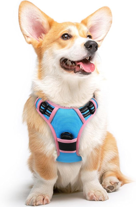 Eagloo Dog Harness for Large Dogs, No Pull Service Vest with Reflective Strips and Control Handle, Adjustable and Comfortable for Walking, No Choke Harness with 2 Metal Rings, Pink & Blue, M-PurrikoPets