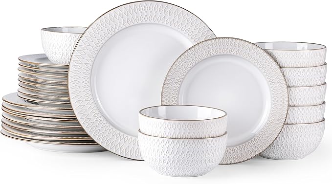 GBHOME Ceramic Dinnerware Sets, 24 pcs Embossed Elegant Stoneware Plates and Bowls Sets, Housewarming Wedding Gift | Dishwasher & Microwave Safe | Dishes Set Service for 8-PurrikoPets