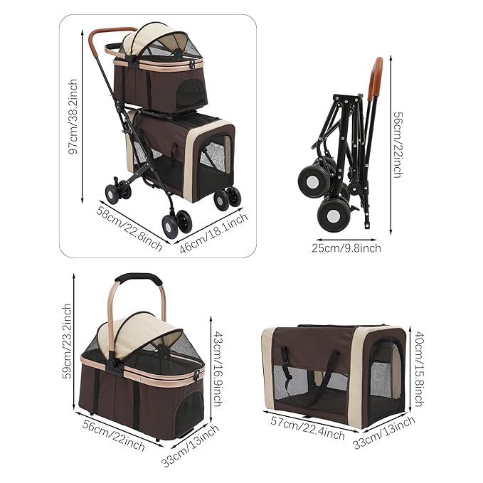 Double Pet Stroller for Dogs and Cats, Foldable Dog Stroller Travel Carriage with Detachable Carriers, Safety Belts, and 4 Lockable Wheels for Small to Medium Pets (Coffee Color)-PurrikoPets
