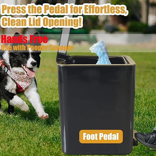 Dog Poop Trash Can Outside Stainless Steel - Metal Pooper Scooper Set - 12L Dog Waste Trash Can Outdoor with Pedal - Backyard, Yard - Removable Inner Bin, Long Handle Tray and Rake - Black and Gold-PurrikoPets