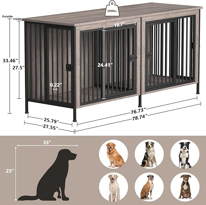 EasyCom 78 Inch Dog Cage Furniture for 2 Pets with Divider, XXL Wooden Double Dog Crate Furniture TV Stand for Mideum and Large Breed, Durable and Sturdy-PurrikoPets
