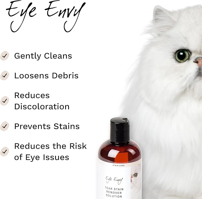 Eye Envy Tear Stain Remover Solution for Cats. 100% Natural, Safe. Treats The Cause of Stains. Recommended by Breeders, Vets, Groomers. Remove Eye Stains from Persians and Exotics. 2 oz. Made in USA-PurrikoPets