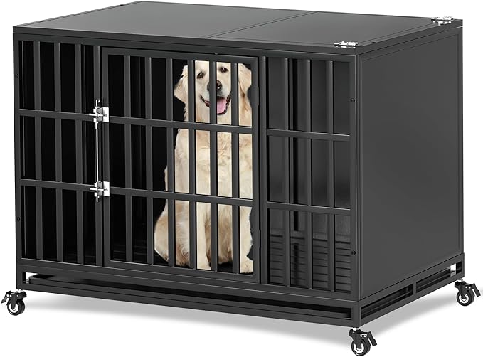 42 inch Heavy Duty Dog Crate with Self-Locking Latch, Indestructible Steel Large Kennel with Enclosed Design, Chew-Proof and Escape-Proof Pet Cage for High Anxiety Dogs-PurrikoPets