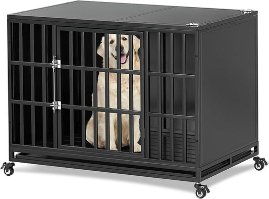 42 inch Heavy Duty Dog Crate with Self-Locking Latch, Indestructible Steel Large Kennel with Enclosed Design, Chew-Proof and Escape-Proof Pet Cage for High Anxiety Dogs-PurrikoPets
