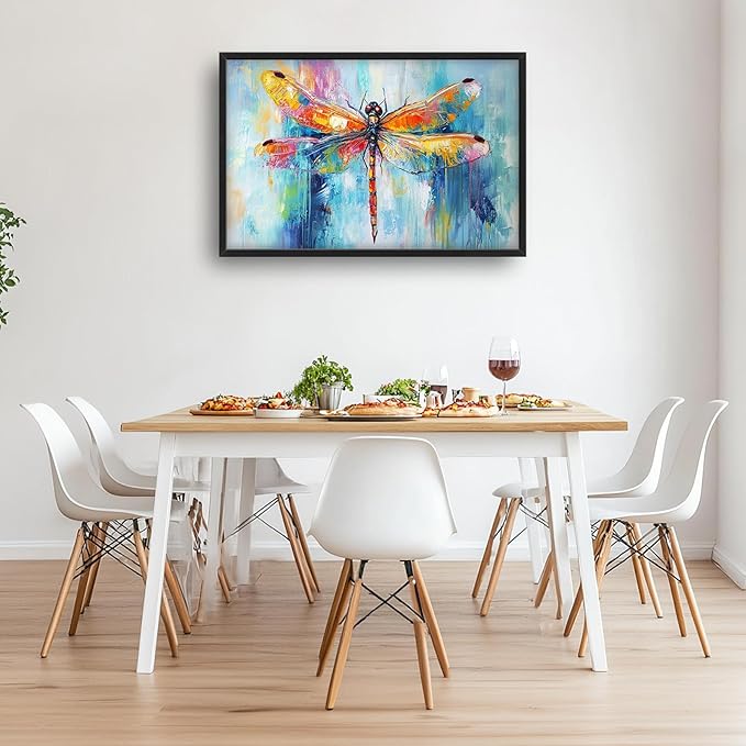 Extra Large Abstract Dragonfly Framed Wall Art for Living Room,Oversized Colorful Dragonfly Pictures Wall Decor,Teal Canvas Print Painting Modern Artwork Bedroom Office Bathroom 36L" x 24W"-PurrikoPets