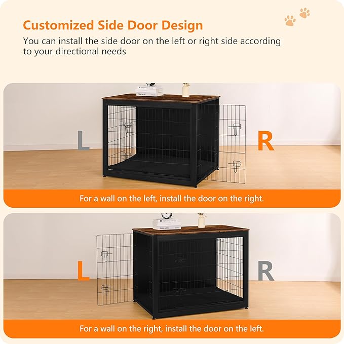 DWANTON Dog Crate Furniture with Cushion, Wooden Kennel Table with Double Doors, Indoor Dog House, Extra Large Size, 43.3" L, Black+Rustic Brown-PurrikoPets