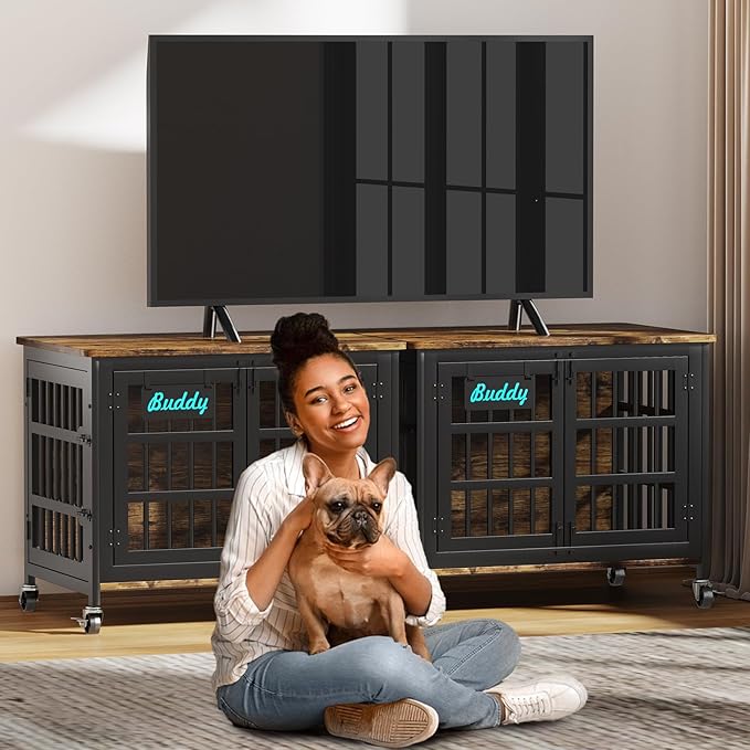EasyCom 33"/27" Dog Crate Furniture with Name Tag, Heavy Duty Dog Kennel Indoor for Medium and Small Dogs, Double-Doors Sturdy Metal Dog Cage, Decorate House as TV Stand, End Table, Bedside Table-PurrikoPets