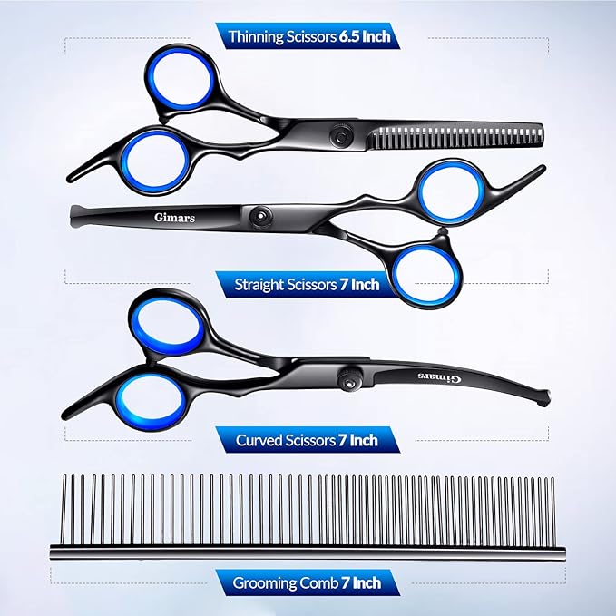 Gimars Dog Grooming Scissors Kit Professional 4CR with Safety Round Tip, 5 in 1 Heavy Duty Titanium Coated Thinning & Curved & Straight Shears-PurrikoPets