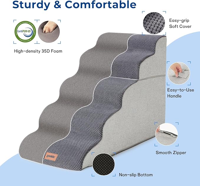 Dog Stairs for High Beds 22.8" H - Pet Stairs Ramp for Couch, 35D Foam Dog Steps for Small to Large Dogs with Non-Slip Bottom Grey, 5 Steps-PurrikoPets