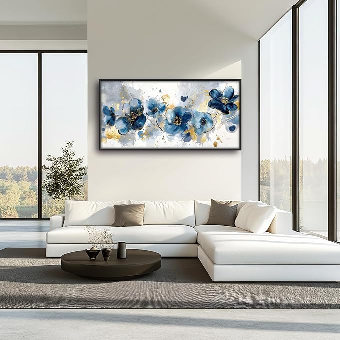Extra Large Framed Abstract Blue Flower Wall Art,Oversized Golden Grey Floral Wall Decor Pictures for Living Room,Canvas Print Painting Modern Artwork Bedroom Office Bathroom Home Decor 60L" x 30W"-PurrikoPets