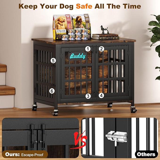 EasyCom 33"/27" Dog Crate Furniture with Name Tag, Heavy Duty Dog Kennel Indoor for Medium and Small Dogs, Double-Doors Sturdy Metal Dog Cage, Decorate House as TV Stand, End Table, Bedside Table-PurrikoPets