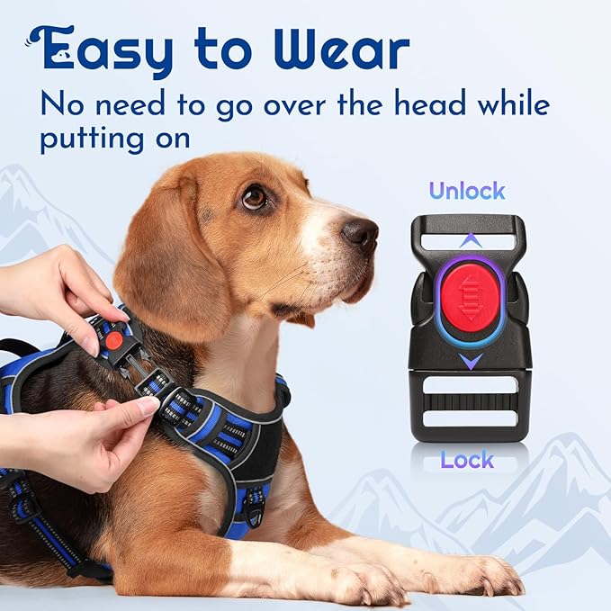 Eagloo Dog Harness for Large Dogs, Easy Wearing with 3 Buckles, Adjustable No Pull Pet Harness with 2 Rings for Walking, No Chock Reflective Soft Padded Vest with Control Handle, Blue & Black, L-PurrikoPets