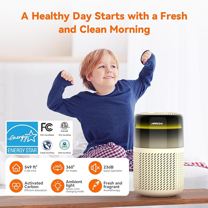 AIRROMI Air Purifier for Bedroom Home,HEPA Filter,Covers Upto 549 Ft²,Quiet 360°intake Air Cleaner with Fragrance ponge for Better Sleep,Night Light,Filters Smoke,Pet Dander,Allergies,Dust,A2005Yellow-PurrikoPets