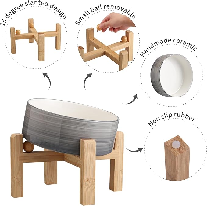 Elevated/Raised 15°Tilted Anti Slip Ceramic Dog Bowls,Slanted Bulldog Pet Food Water Feeding Dish Stand for Cats and Dogs (3.6 Cups/28 OZ) Grey White-PurrikoPets