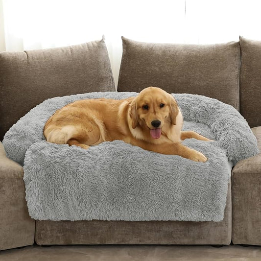 GGIB Calming Dog Bed Fluffy Plush Dog Mat for Furniture Protector with Removable Washable Cover for Large Medium Small Dogs and Cats (Extra Large (53x39.3x6), Grey)-PurrikoPets