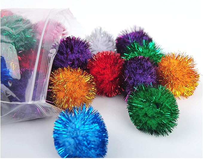 20 Pack 2 Inches Sparkle Balls for Cats, Large Size, Glitter Pom Poms Fuzzy Balls for Cats, Kitten Indoor Assorted Color Random-PurrikoPets