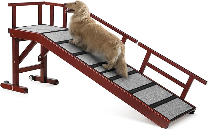 Dog Ramp for Bed or Couch, Wooden Pet Ramp with 20° Gentle Slope, Removable Side Rails, Non-Slip Surface, Top Platform & Wheels, Safe Bed Ramp for Small, Medium & Senior Dogs, 60" Long, Mahogany-PurrikoPets