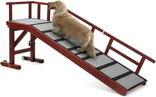 Dog Ramp for Bed or Couch, Wooden Pet Ramp with 20° Gentle Slope, Removable Side Rails, Non-Slip Surface, Top Platform & Wheels, Safe Bed Ramp for Small, Medium & Senior Dogs, 60" Long, Mahogany-PurrikoPets