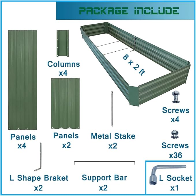 8x2x1ft Metal Raised Garden Bed Kit，Galvanized Garden Bed Box for Vegetables, Flowers, Herbs, and Succulents,120 Gallon Capacity - Green-PurrikoPets