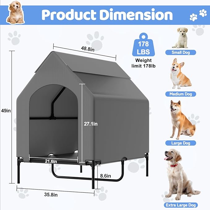 48” Extra Large Dog House-2-in-1 Extra Large Dog House with 8.5” Elevated Dog Bed-Weatherproof Waterproof Outdoor Dog House,Easy to Clean-PurrikoPets