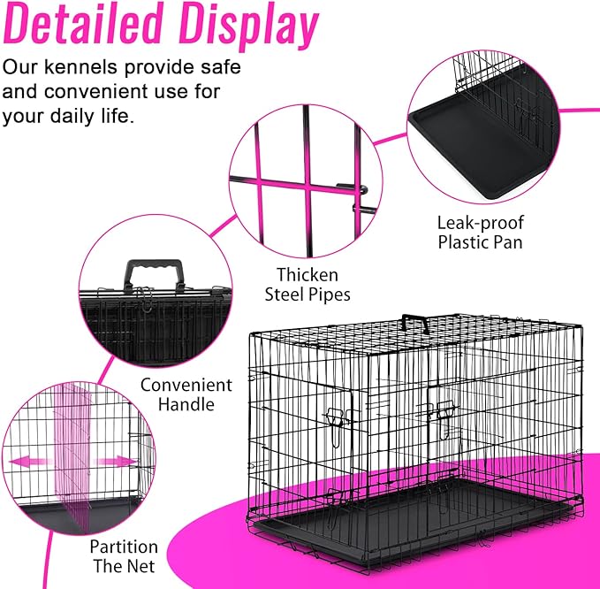FDW Dog Crate for Large Dogs 48 Inch Folding Metal WirePet Cage Double Door W/Divider Panel Indoor Outdoor Kennel Leak-Proof Plastic Tray,Black-PurrikoPets