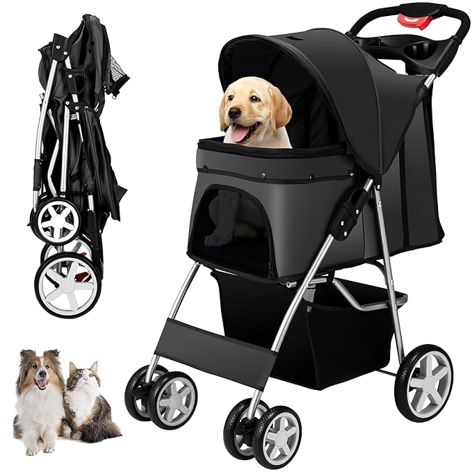 4 Wheels Pet Stroller for Small Medium Dogs Cats 10-33 lbs, Foldable Dog and Cat Stroller with Cup Holder & Storage Basket & Breathable Mesh, Pet Strolling Cart for All-Season, Black-PurrikoPets