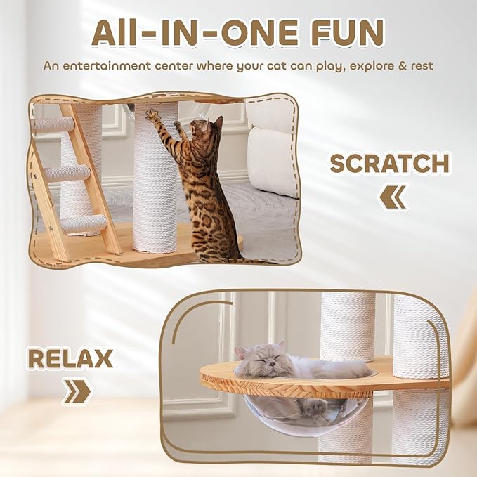 63'' Tall Modern Cat Tree for Indoor Cats, Luxury Cat Tree, Multi-Level Wood Climb Tower for Large Cat, Heavy Duty Kitty House with Transparent Bowl, Large Perches with Removable Cushion-PurrikoPets