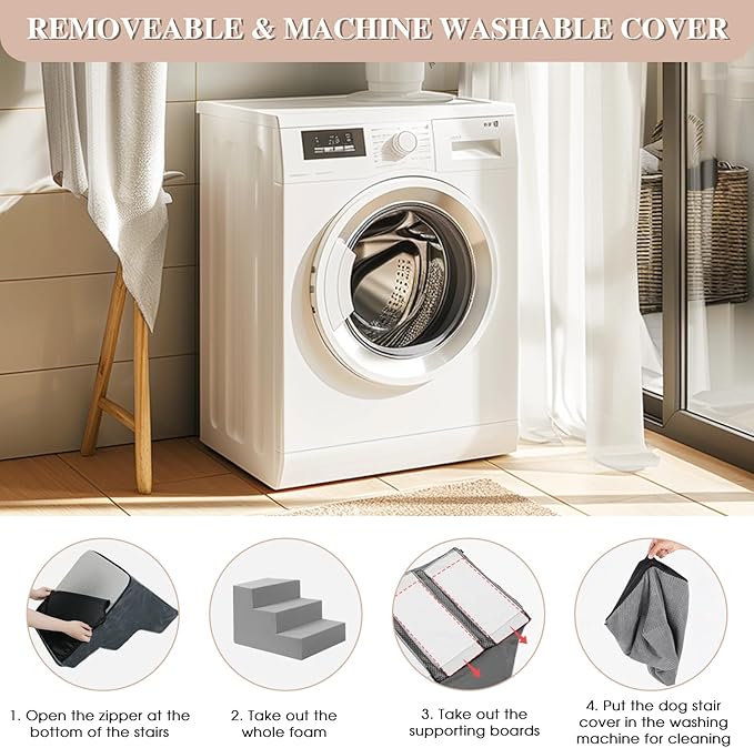 GGIB Dog Stairs for Small Dogs Cats Non-Slip Dog Steps for High Bed Pet Stairs for Sofa Couch Pet Ramp Pet Steps with Removable Washable Cover, Grey, 13" H, 3-Step-PurrikoPets