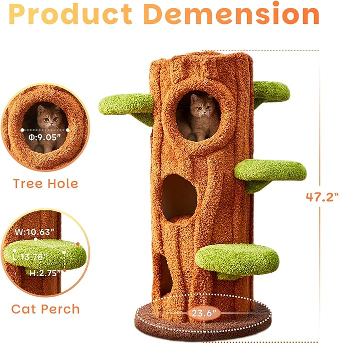 47.2'' Natural Wooden Cat Tree, Modern Cat Condo for Indoor Kitten, Multi-Level Cat Tower with Cat Perch and Scratching Pad for Multi-Cat Families-PurrikoPets
