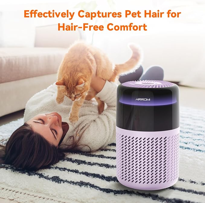 AIRROMI Air Purifier for Bedroom Home,HEPA Filter,Covers Upto 549 Ft²,Quiet 360°intake Air Cleaner with Fragrance ponge for Better Sleep,Night Light,Filters Smoke,Pet Dander,Allergies,Dust,A2005Purple-PurrikoPets