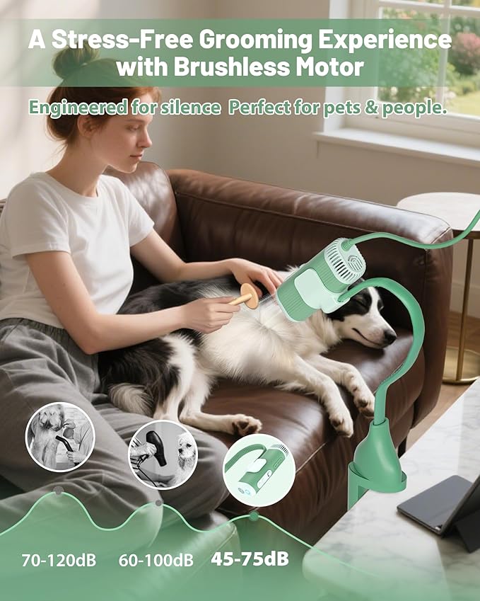 2-in-1 Hands-Free Dog Hair Dryer with Table Clamp – Low Noise Pet Grooming Dryer for Dogs & Cats, Adjustable Heat & Speed, Wearable or Desktop Use(Green)-PurrikoPets