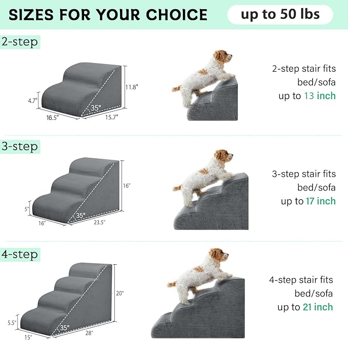 Dog Stairs & Steps for High Beds, 3 Steps High Density Foam Waterproof Dog Ramp for Small Dogs and Cats, Pet Stairs with Removable Washable Cover for Bed, Couch, Sofa and Car (H:16")-PurrikoPets