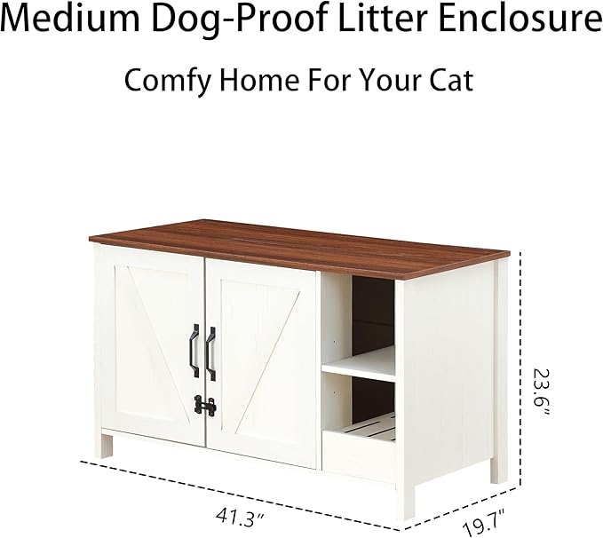 41.3'' Cat Litter Enclosure,Adjustable Shelf for Dog Proof and Storage,Locks Added for Cat, Litter Collector,Small Indoor Cat House,Antique White-PurrikoPets