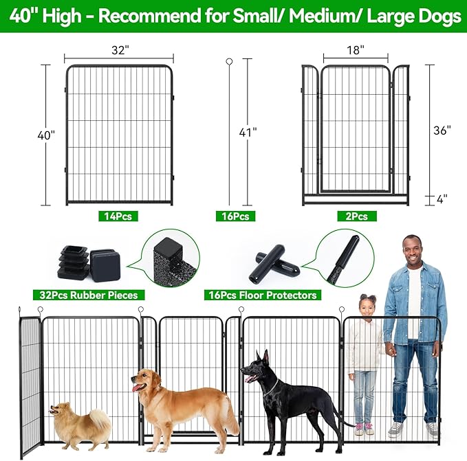 Dog Playpen Outdoor Extra Wide 16 Panels Heavy Duty Dog Fence 40" Height Anti-Rust with Doors Portable for RV Camping Yard, Total 42FT, 140 Sq.ft, Snowy Black-PurrikoPets