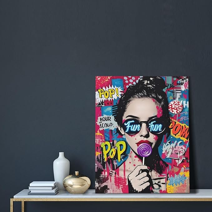 Fashion Women Wall Art Glam Modern Artwork for Girls Banksy Street Graffiti Pop Art Canvas Pictures Painting Print Framed Decorations Gifts for Bedroom Living Room Office 16"x20"-PurrikoPets