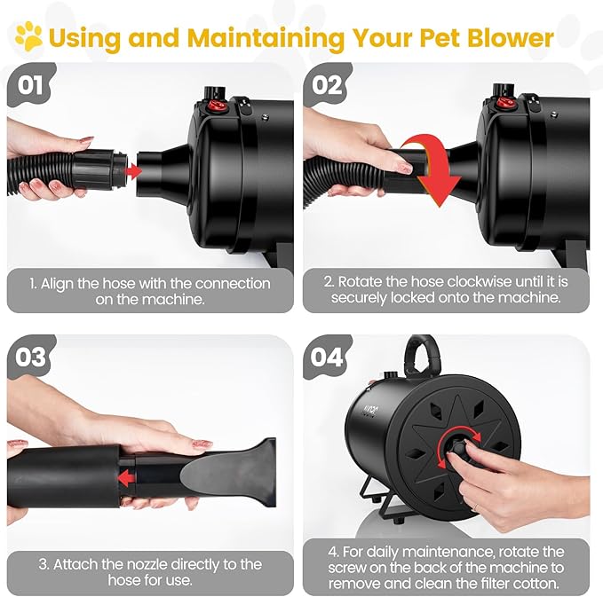 Dog Dryer, 5.2HP/3800W High Velocity Dog Hair Dryer with 4 Nozzles, Stepless Adjustable Speed & Temperature Control, Low Noise Professional Dog Grooming Dryer (Black)-PurrikoPets