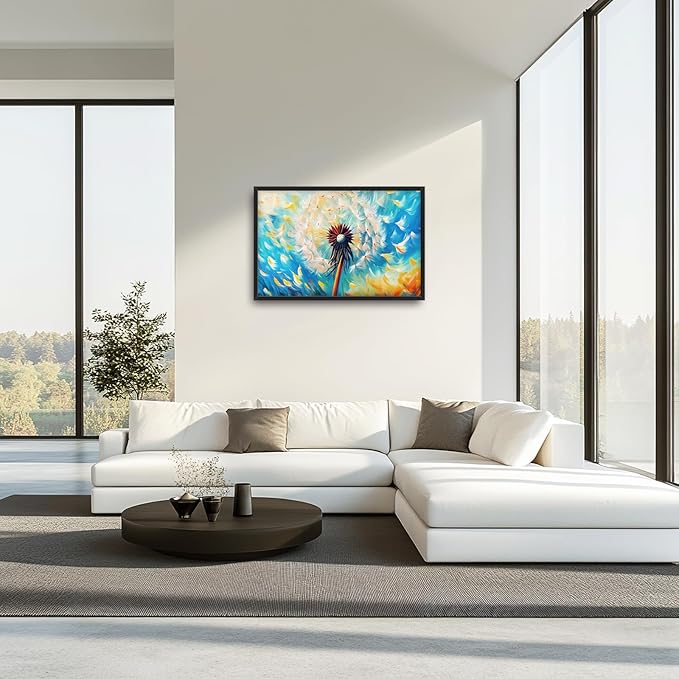 Extra Large Abstract Dandelion Framed Wall Art for Living Room,Oversized Colorful Dandelion Flower Pictures Wall Decor,Blue Canvas Print Painting Modern Artwork Bedroom Office Bathroom 36L" x 24W"-PurrikoPets