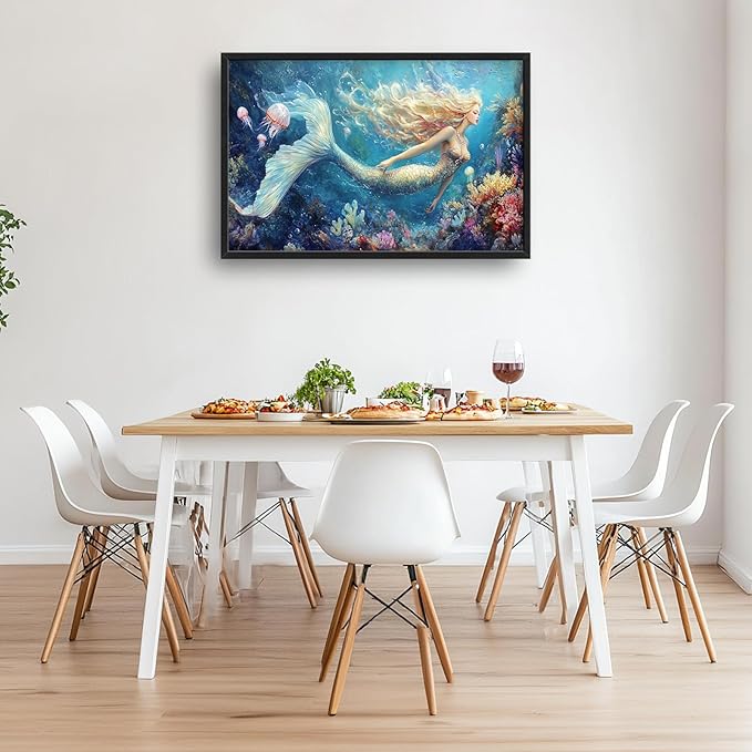Extra Large Framed Mermaid Wall Art,Oversized Undersea Ocean Wall Decor,Colorful Coral Reefs Pictures for Living Room,Elegant Canvas Print Painting Modern Artwork Bedroom Bathroom 36L x 24W-PurrikoPets